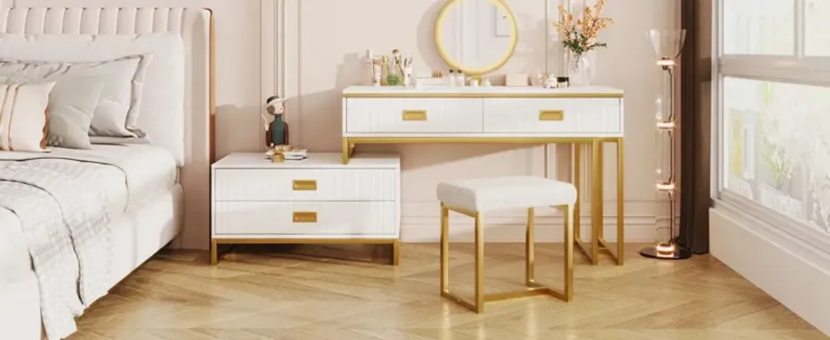 Modern Style Vanity Table With Movable Side Cabinet And 4 Drawers, Large Size Dressing Table With Mirror And 3 Colors Led Light, Makeup Table With Stool - White / Golden