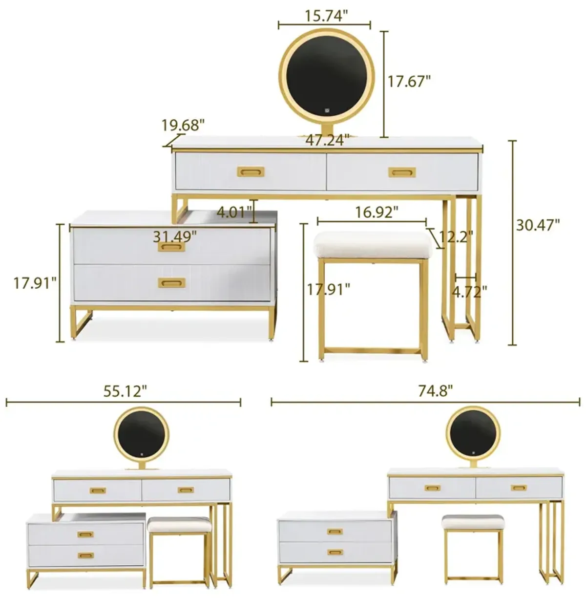 Modern Style Vanity Table With Movable Side Cabinet And 4 Drawers, Large Size Dressing Table With Mirror And 3 Colors Led Light, Makeup Table With Stool - White / Golden