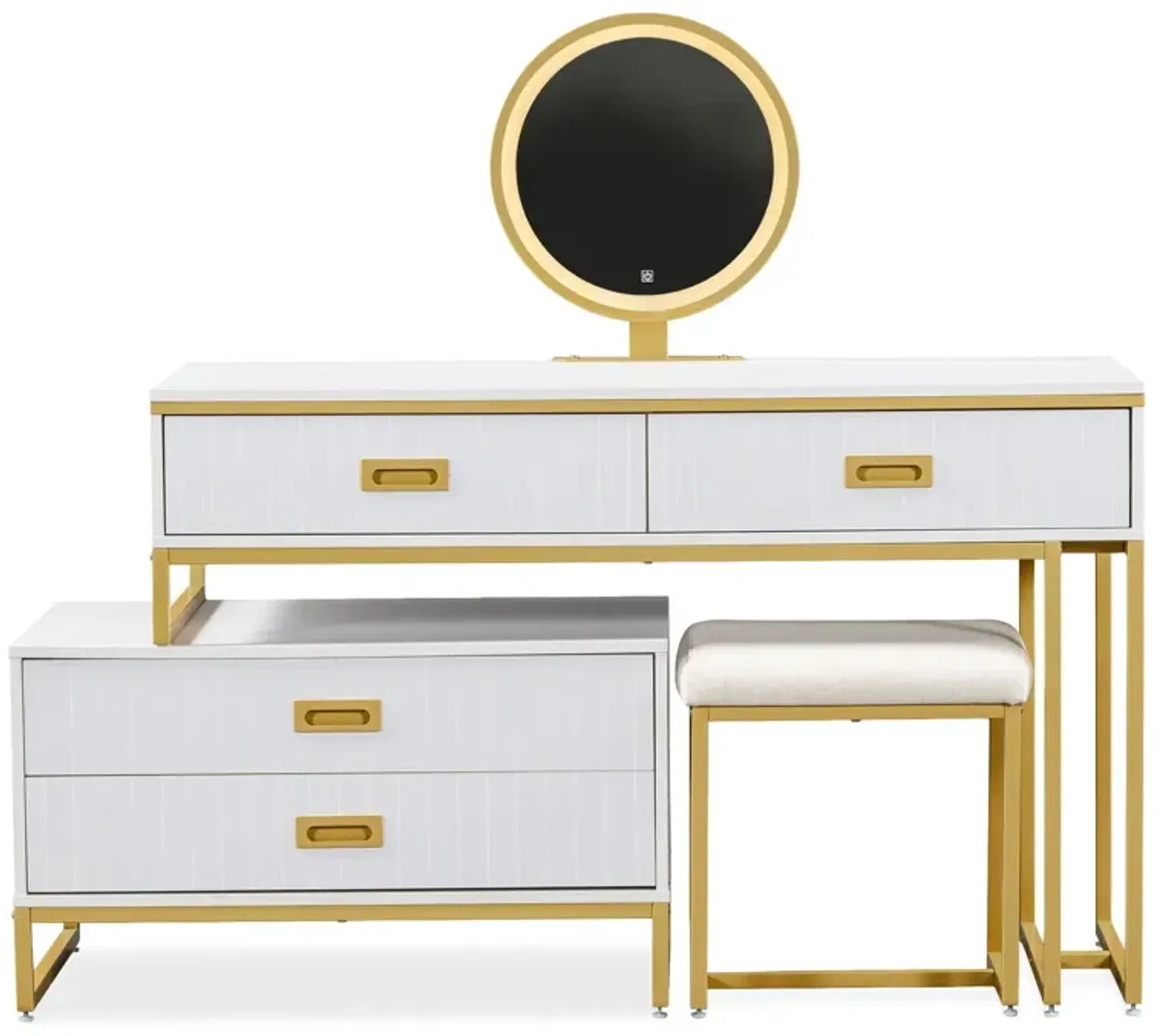 Modern Style Vanity Table With Movable Side Cabinet And 4 Drawers, Large Size Dressing Table With Mirror And 3 Colors Led Light, Makeup Table With Stool - White / Golden