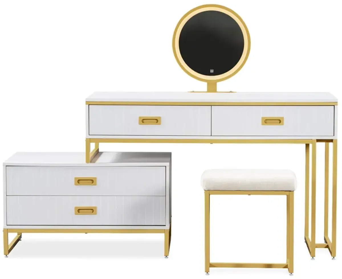 Modern Style Vanity Table With Movable Side Cabinet And 4 Drawers, Large Size Dressing Table With Mirror And 3 Colors Led Light, Makeup Table With Stool - White / Golden