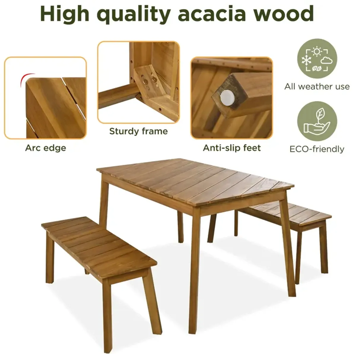 3 Pieces Acacia Wood Table Bench Dining Set For Outdoor & Indoor Furniture With 2 Benches, Picnic Beer Table For Patio, Porch, Garden, Poolside - Natural