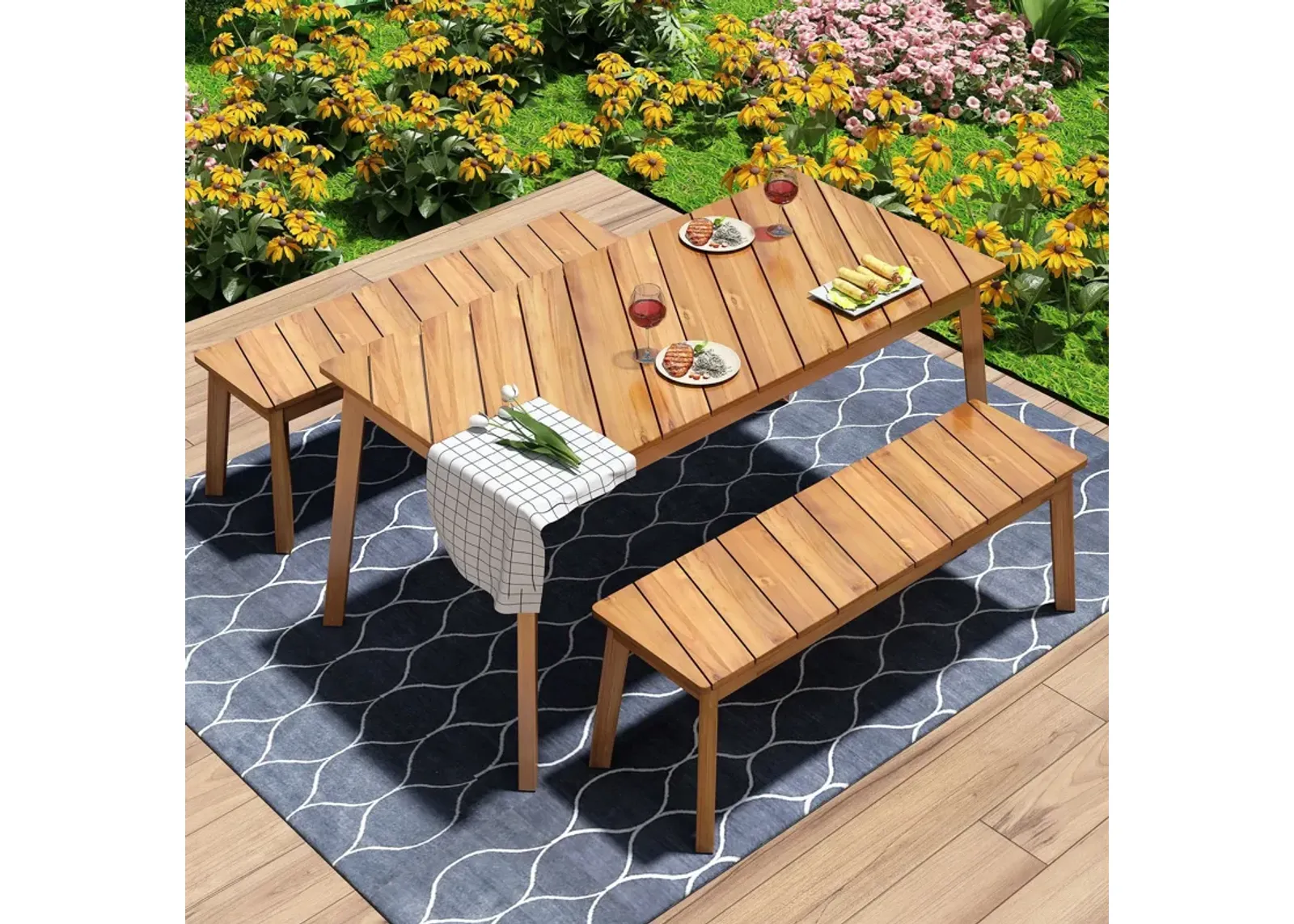 3 Pieces Acacia Wood Table Bench Dining Set For Outdoor & Indoor Furniture With 2 Benches, Picnic Beer Table For Patio, Porch, Garden, Poolside - Natural