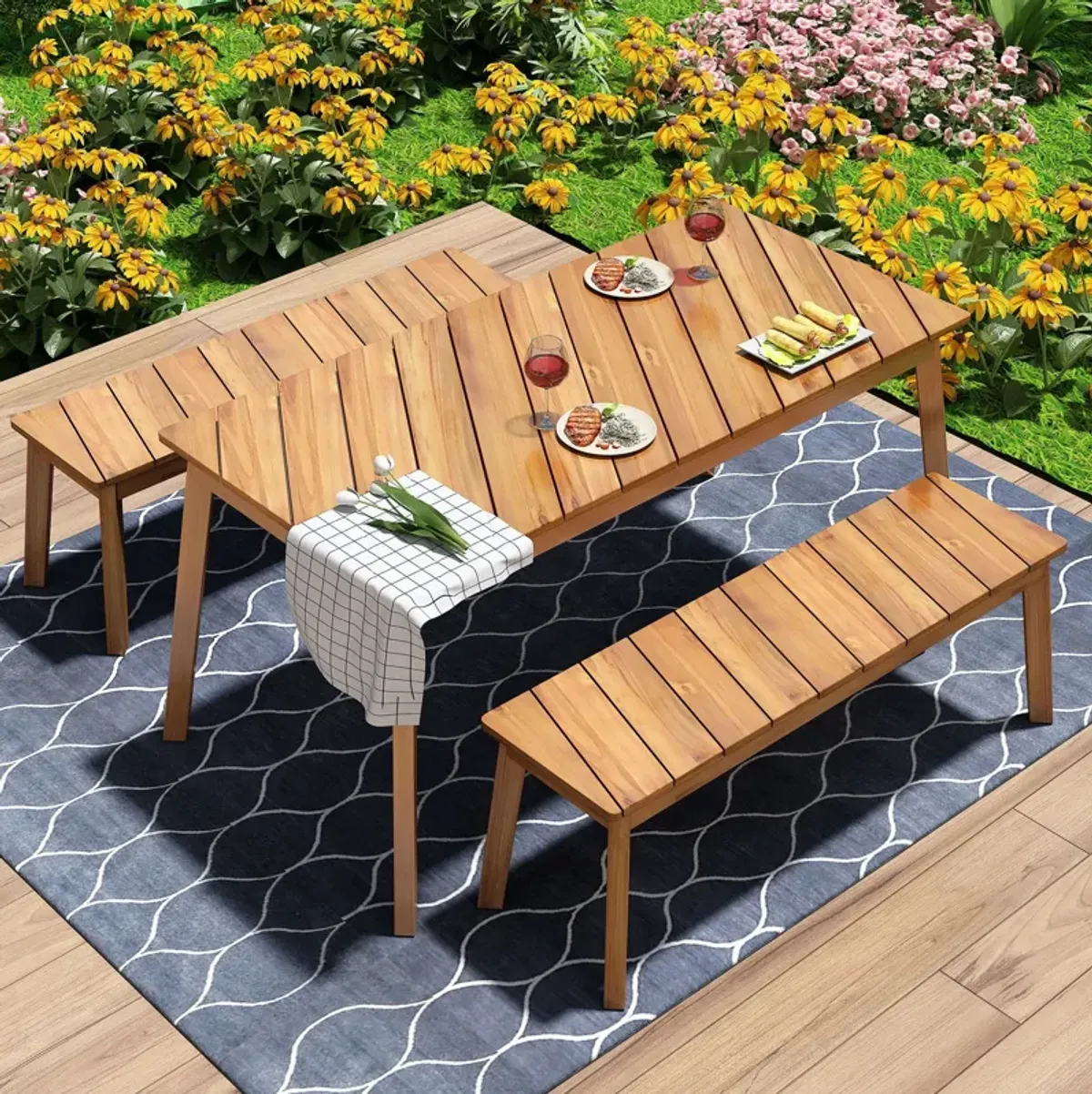 3 Pieces Acacia Wood Table Bench Dining Set For Outdoor & Indoor Furniture With 2 Benches, Picnic Beer Table For Patio, Porch, Garden, Poolside - Natural