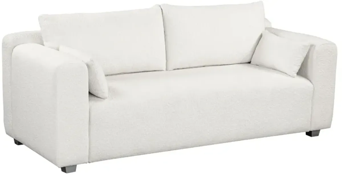 Modern Loop Yarn Sofa, One Piece Seat Frame, Minimalist 2-3 Seat Couch Easy To Install, Loveseats With Extra Wide Domed Arms For Living Room (2 Pillows) - White