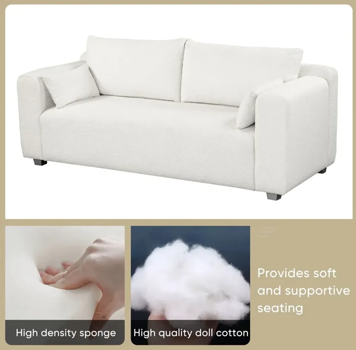 Modern Loop Yarn Sofa, One Piece Seat Frame, Minimalist 2-3 Seat Couch Easy To Install, Loveseats With Extra Wide Domed Arms For Living Room (2 Pillows) - White