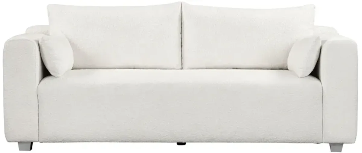 Modern Loop Yarn Sofa, One Piece Seat Frame, Minimalist 2-3 Seat Couch Easy To Install, Loveseats With Extra Wide Domed Arms For Living Room (2 Pillows) - White