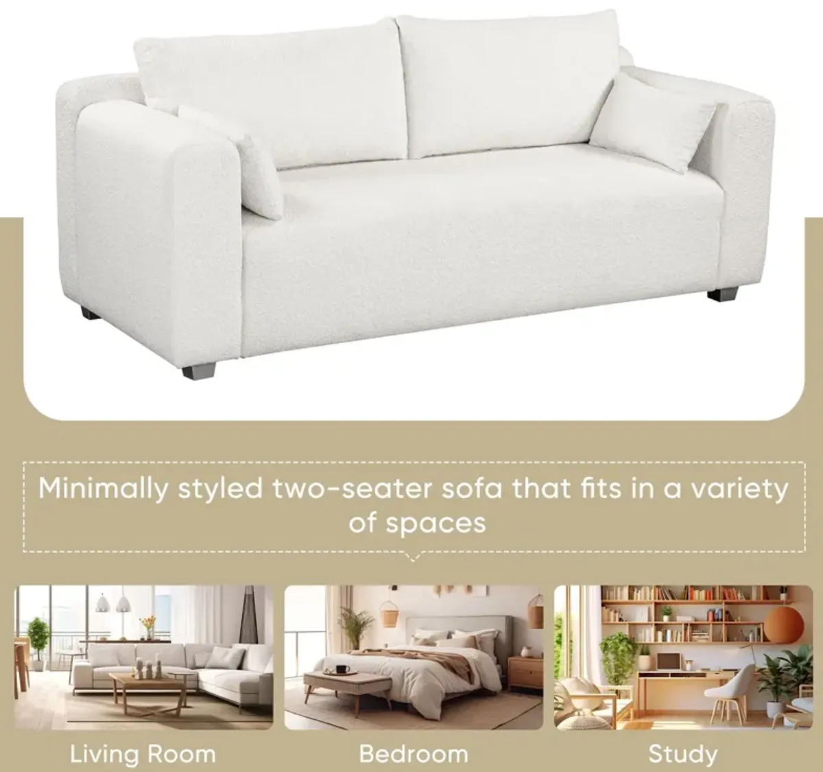 Modern Loop Yarn Sofa, One Piece Seat Frame, Minimalist 2-3 Seat Couch Easy To Install, Loveseats With Extra Wide Domed Arms For Living Room (2 Pillows) - White