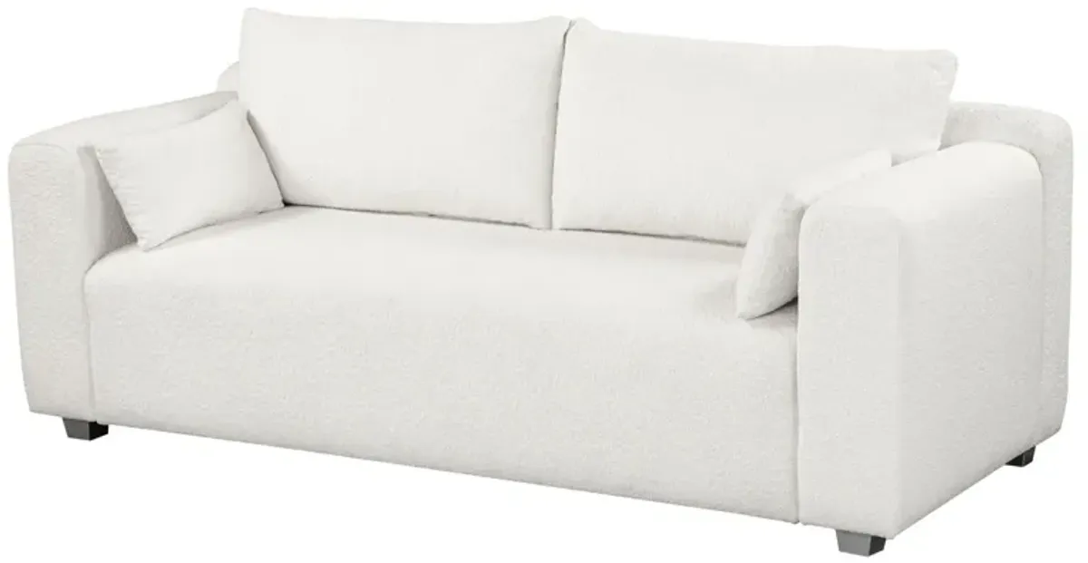 Modern Loop Yarn Sofa, One Piece Seat Frame, Minimalist 2-3 Seat Couch Easy To Install, Loveseats With Extra Wide Domed Arms For Living Room (2 Pillows) - White