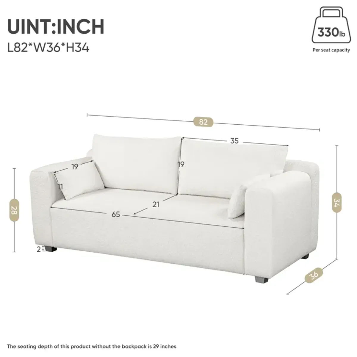 Modern Loop Yarn Sofa, One Piece Seat Frame, Minimalist 2-3 Seat Couch Easy To Install, Loveseats With Extra Wide Domed Arms For Living Room (2 Pillows) - White