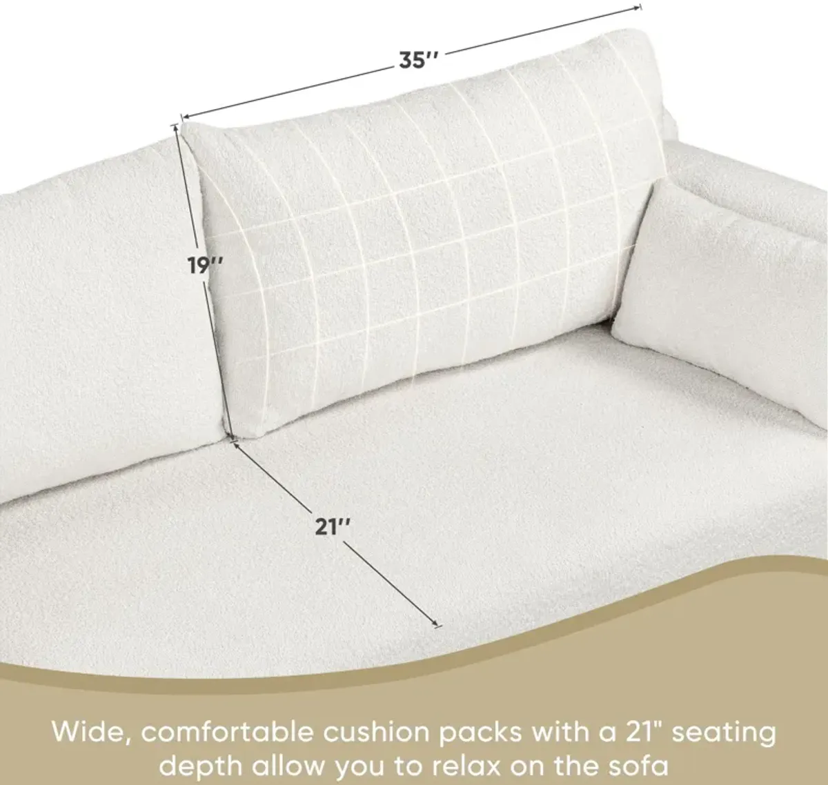 Modern Loop Yarn Sofa, One Piece Seat Frame, Minimalist 2-3 Seat Couch Easy To Install, Loveseats With Extra Wide Domed Arms For Living Room (2 Pillows) - White