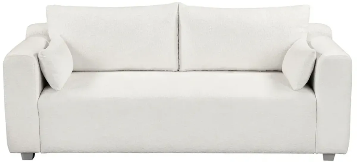 Modern Loop Yarn Sofa, One Piece Seat Frame, Minimalist 2-3 Seat Couch Easy To Install, Loveseats With Extra Wide Domed Arms For Living Room (2 Pillows) - White