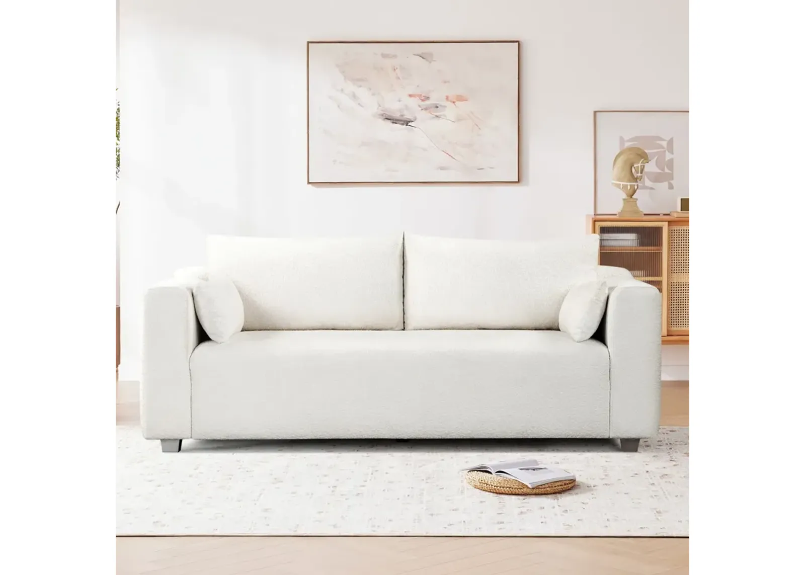 Modern Loop Yarn Sofa, One Piece Seat Frame, Minimalist 2-3 Seat Couch Easy To Install, Loveseats With Extra Wide Domed Arms For Living Room (2 Pillows) - White