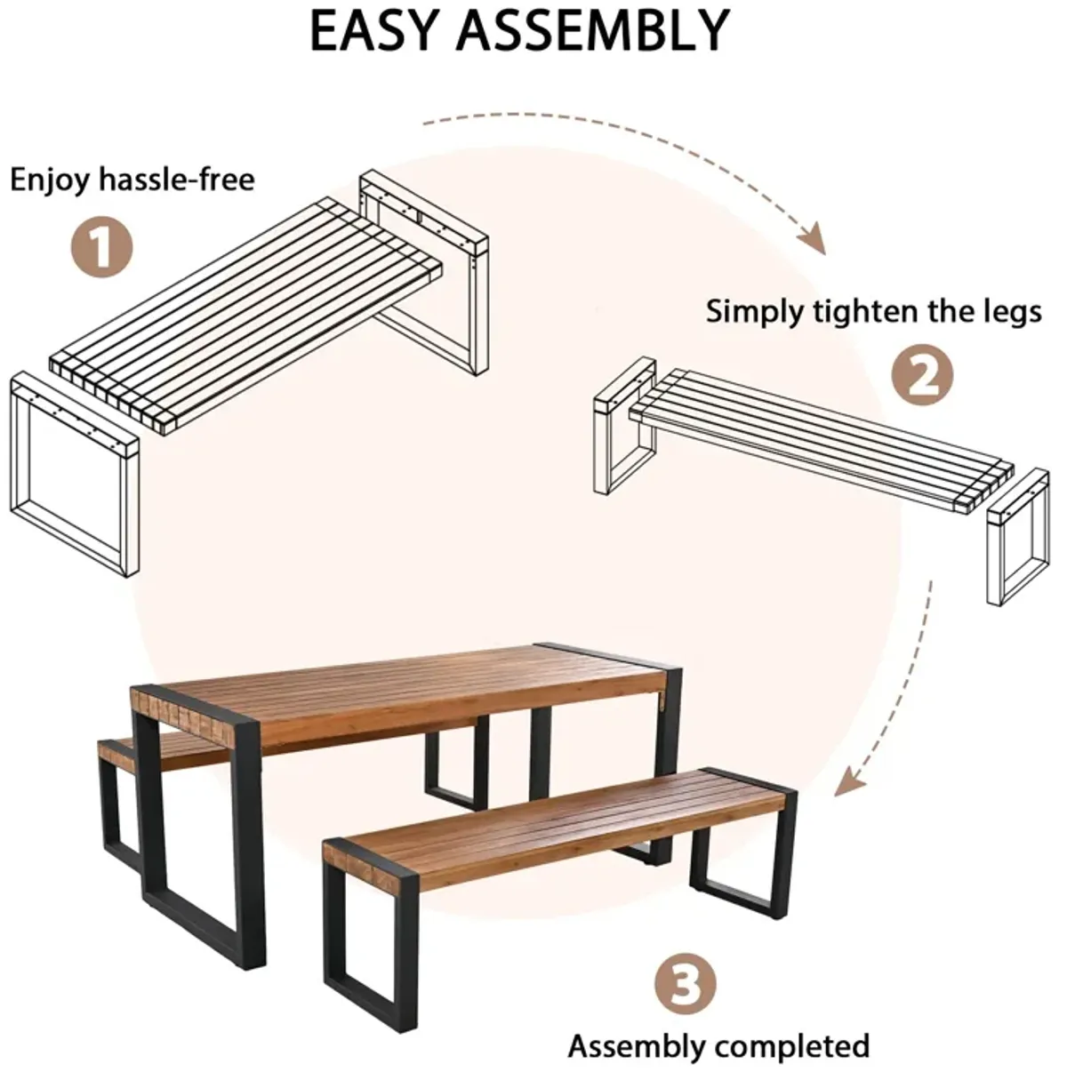 3 Pieces Outdoor Dining Table With 2 Benches, Patio Dining Set With Unique Top Texture, Acacia Wood Top & Steel Frame, All Weather Use, For Outdoor & Indoor - Natural