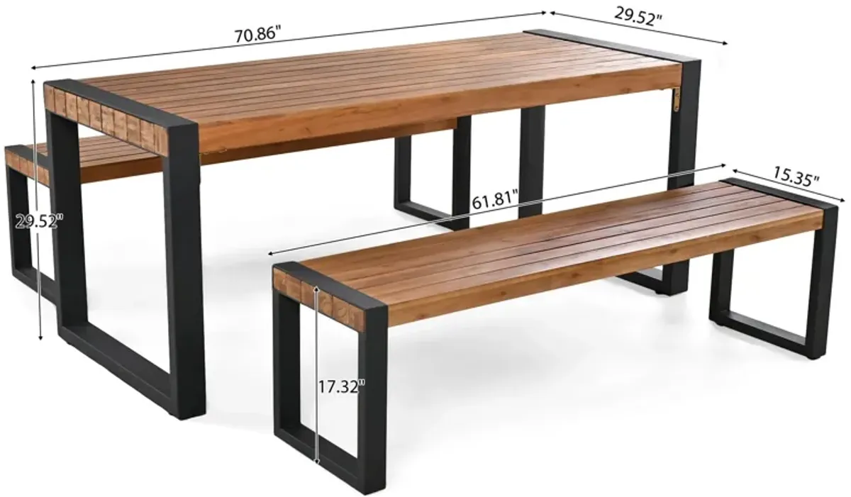 3 Pieces Outdoor Dining Table With 2 Benches, Patio Dining Set With Unique Top Texture, Acacia Wood Top & Steel Frame, All Weather Use, For Outdoor & Indoor - Natural