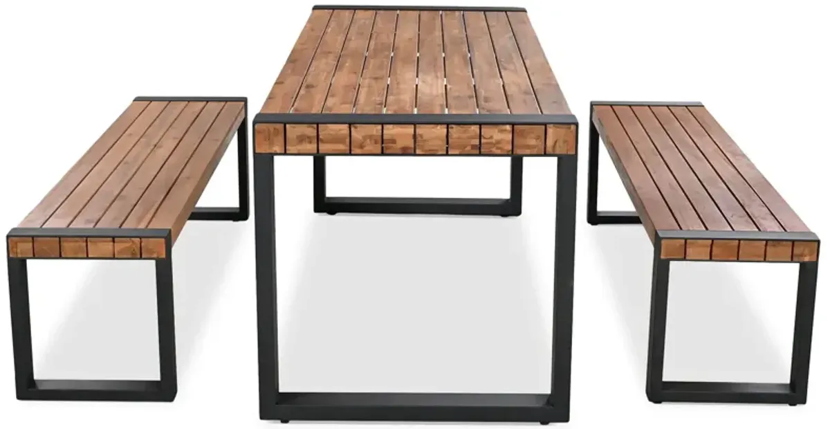 3 Pieces Outdoor Dining Table With 2 Benches, Patio Dining Set With Unique Top Texture, Acacia Wood Top & Steel Frame, All Weather Use, For Outdoor & Indoor - Natural