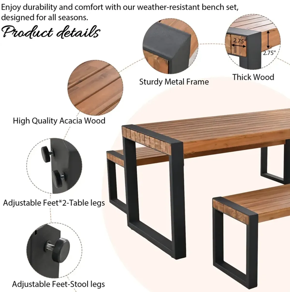 3 Pieces Outdoor Dining Table With 2 Benches, Patio Dining Set With Unique Top Texture, Acacia Wood Top & Steel Frame, All Weather Use, For Outdoor & Indoor - Natural