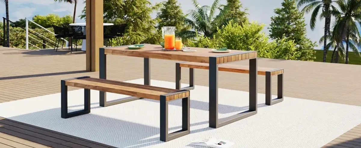 3 Pieces Outdoor Dining Table With 2 Benches, Patio Dining Set With Unique Top Texture, Acacia Wood Top & Steel Frame, All Weather Use, For Outdoor & Indoor - Natural