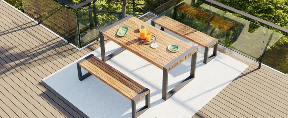 3 Pieces Outdoor Dining Table With 2 Benches, Patio Dining Set With Unique Top Texture, Acacia Wood Top & Steel Frame, All Weather Use, For Outdoor & Indoor - Natural