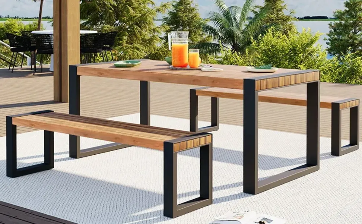 3 Pieces Outdoor Dining Table With 2 Benches, Patio Dining Set With Unique Top Texture, Acacia Wood Top & Steel Frame, All Weather Use, For Outdoor & Indoor - Natural