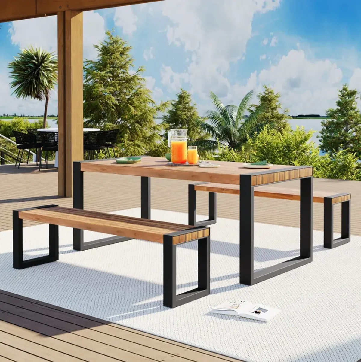 3 Pieces Outdoor Dining Table With 2 Benches, Patio Dining Set With Unique Top Texture, Acacia Wood Top & Steel Frame, All Weather Use, For Outdoor & Indoor - Natural