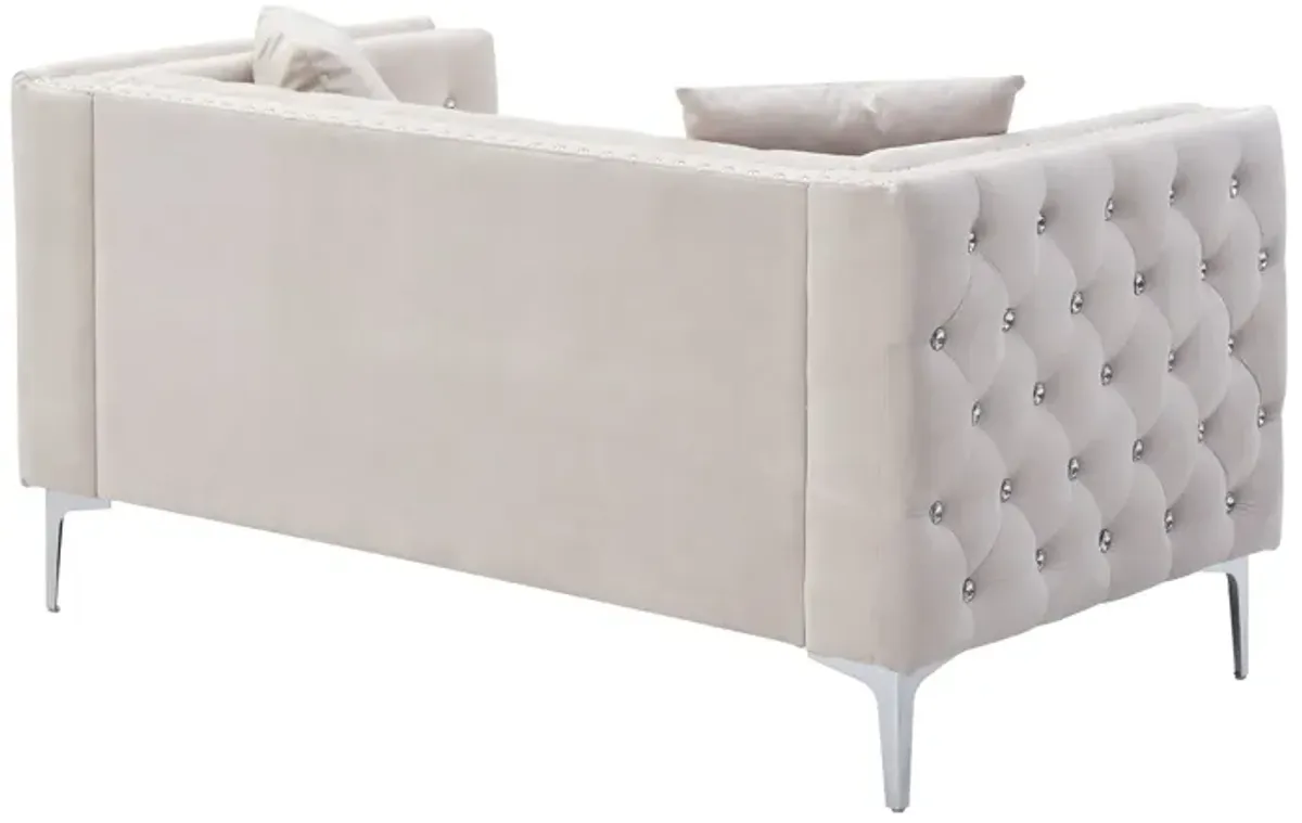 Wide Velvet Sofa With Jeweled Buttons, Square Arm, 2 Pillows - Beige