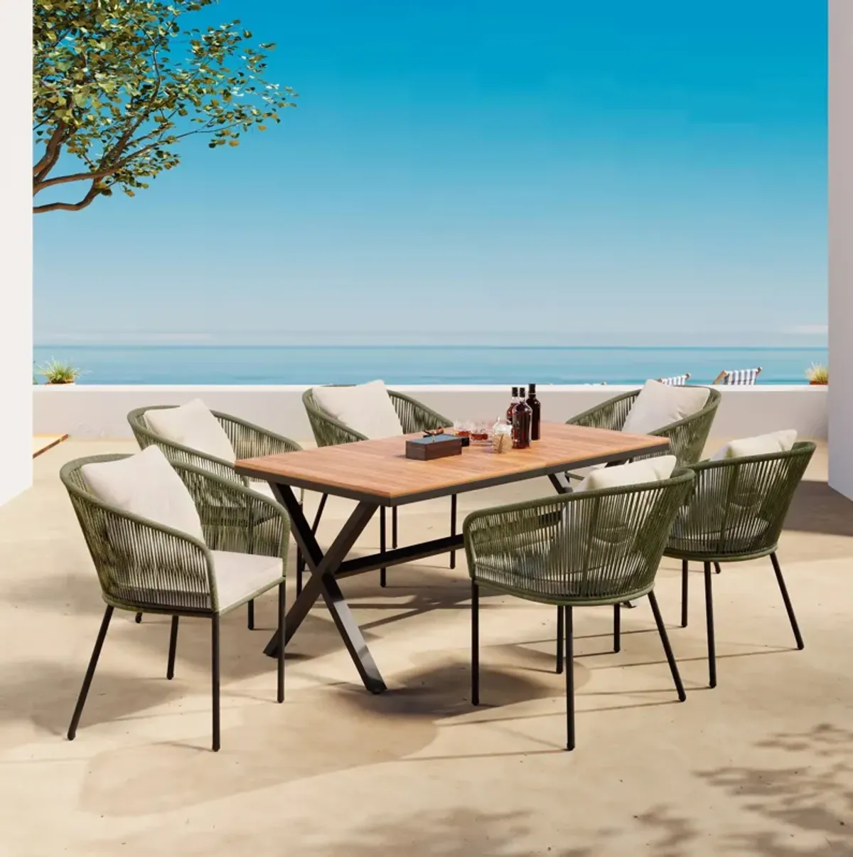 7 Pieces Patio Dining Set, All-Weather Outdoor Furniture Set With Dining Table And Chairs, Acacia Wood Tabletop, Metal Frame, For For Garden, Backyard, Balcony - Green