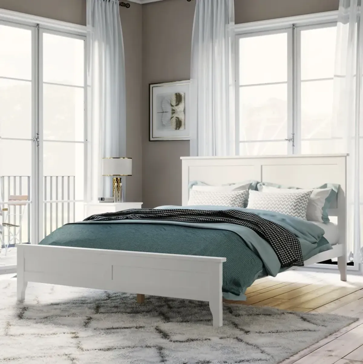 King Platform Bed Modern Solid Wood - White