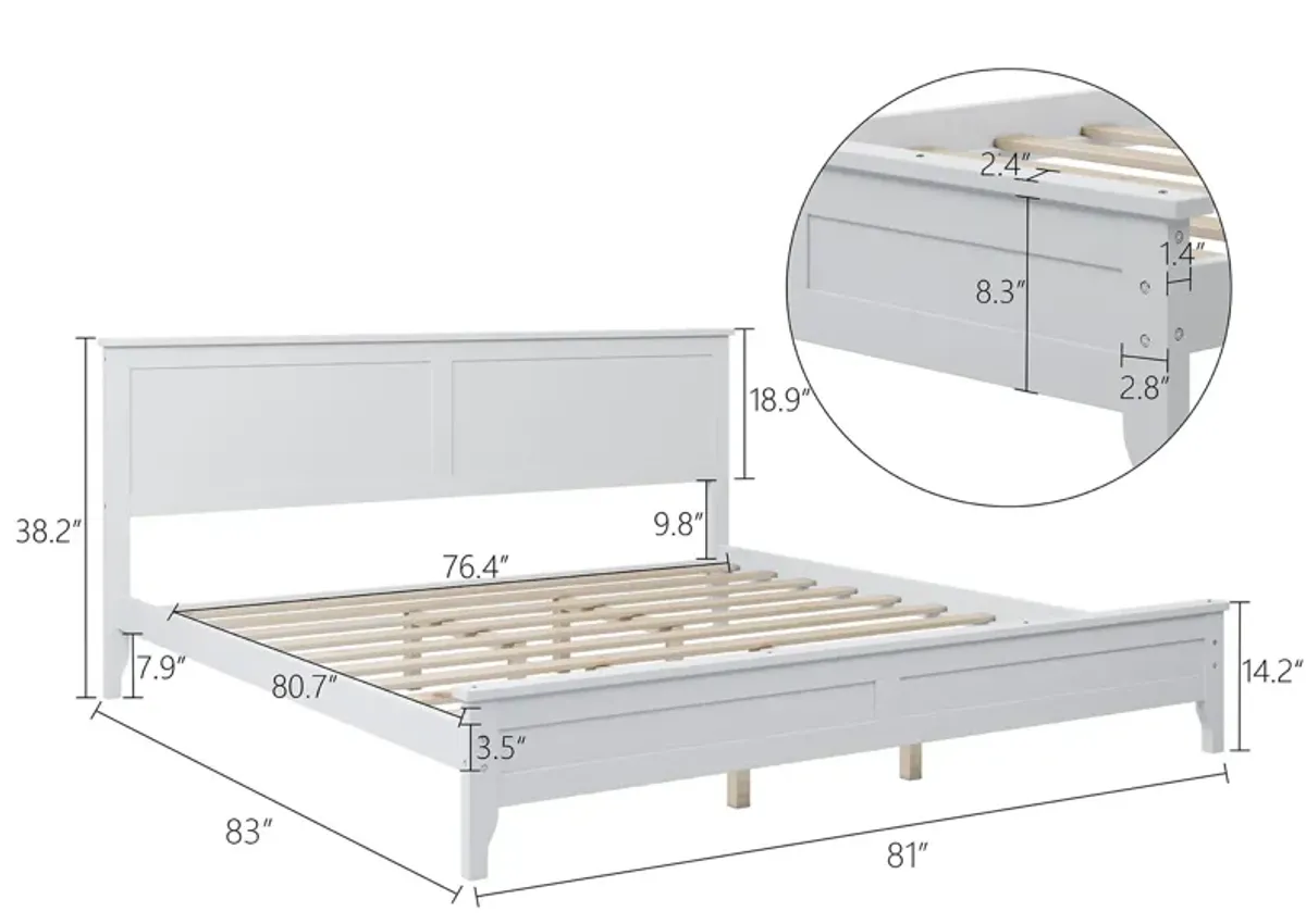 King Platform Bed Modern Solid Wood - White