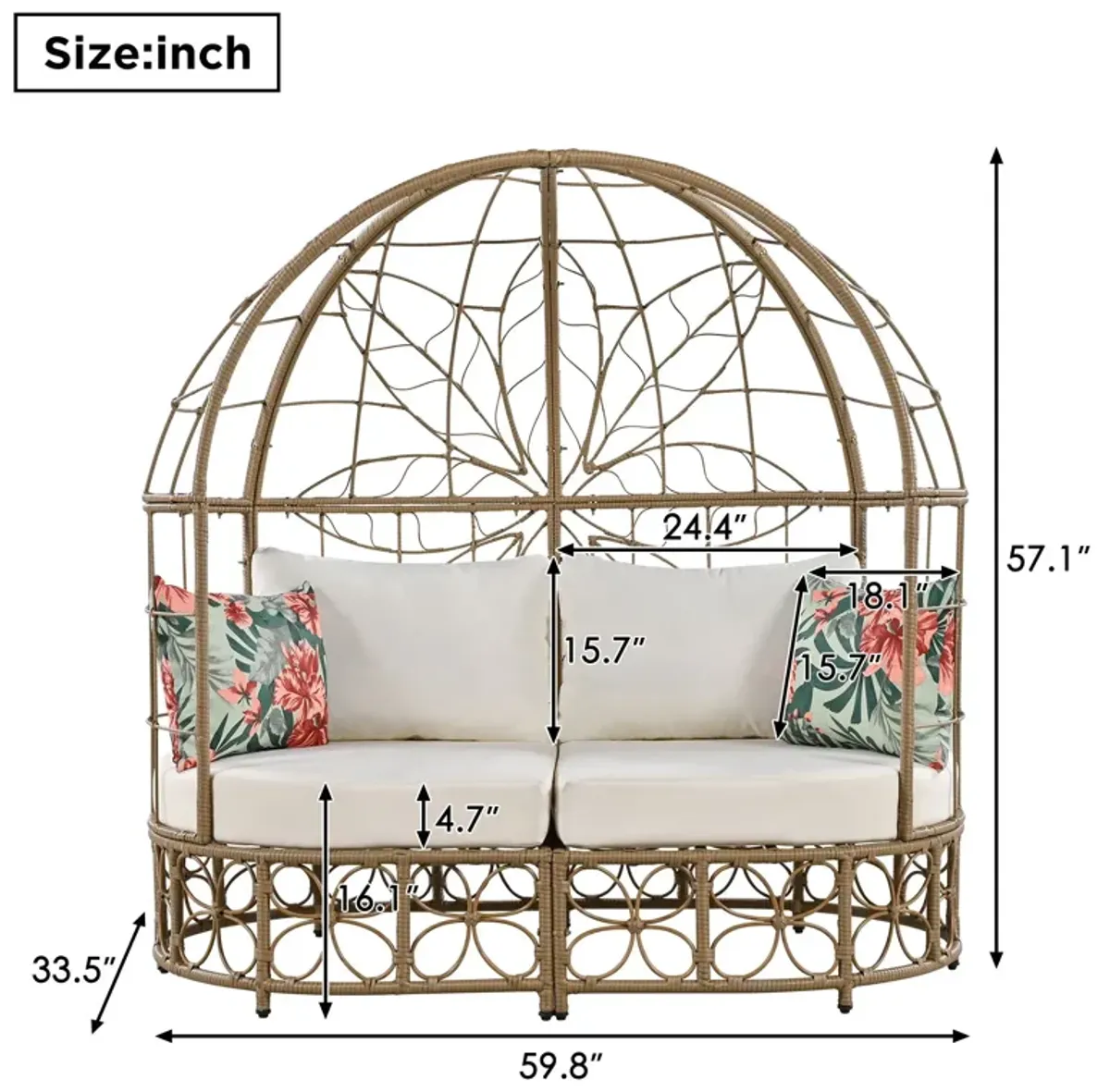 Daybed Outdoor Sunbed With Colorful Pillows, Wicker Patio Daybed With Curtain, Floral Pattern - Natural / Beige