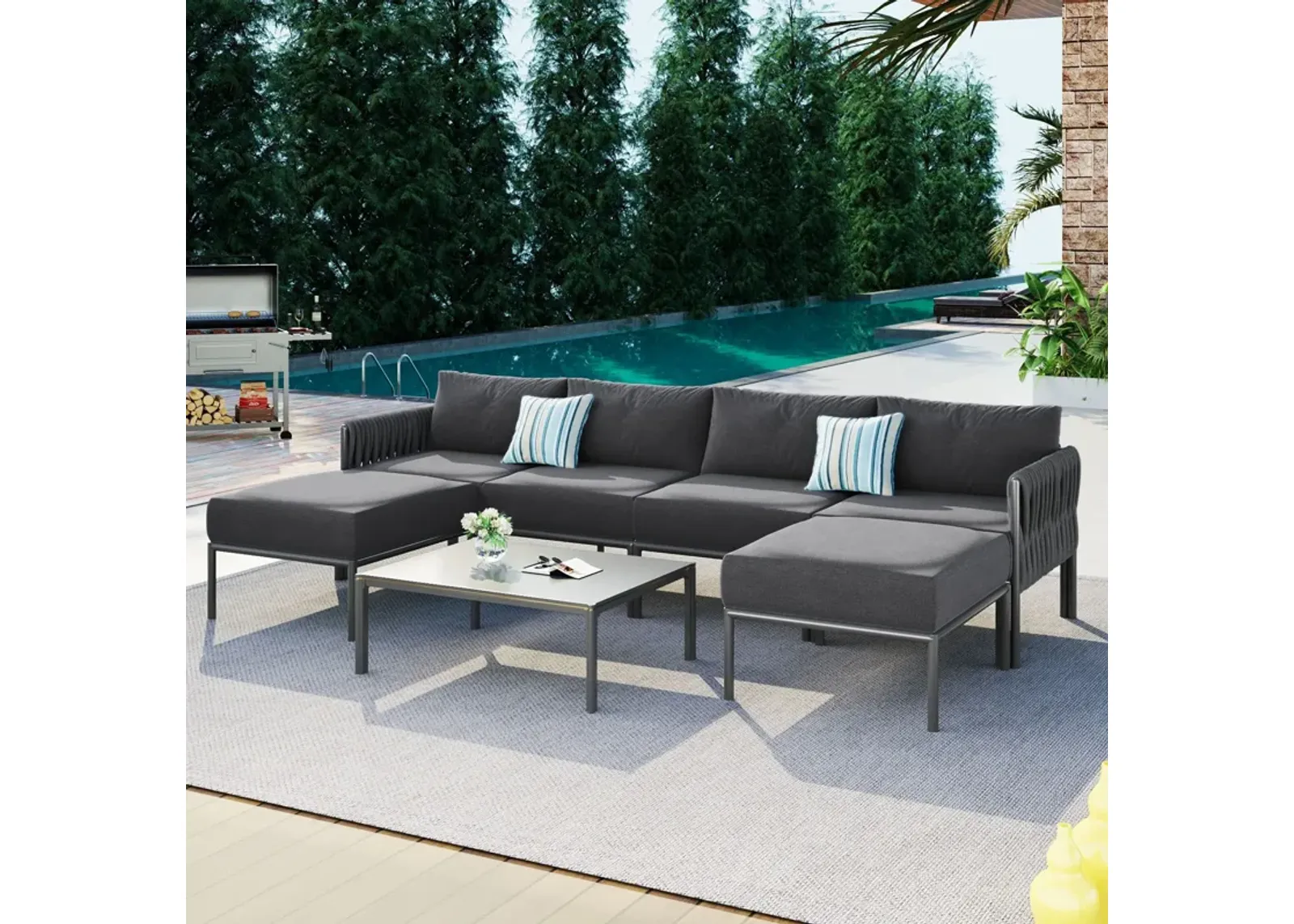 6 Pieces Aluminum Patio Furniture Set, Modern Metal Outdoor Conversation Set Sectional Sofa With Removable Olefin Extra Thick Cushions Cushion - Gray