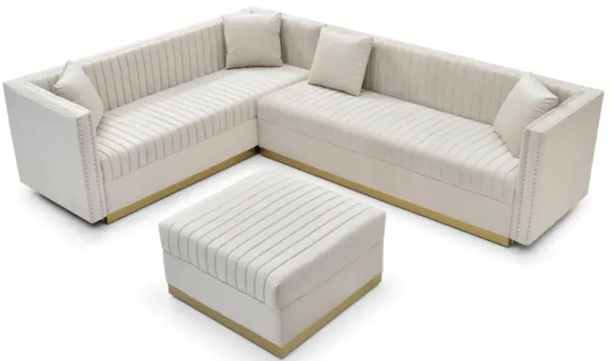 Contemporary Vertical Channel Tufted Velvet Sectional Sofa For Living Room Apartment With Ottoman And 4 Pillows