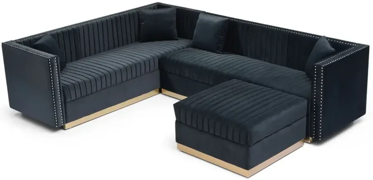 Contemporary Vertical Channel Tufted Velvet Sectional Sofa For Living Room Apartment With Ottoman And 4 Pillows