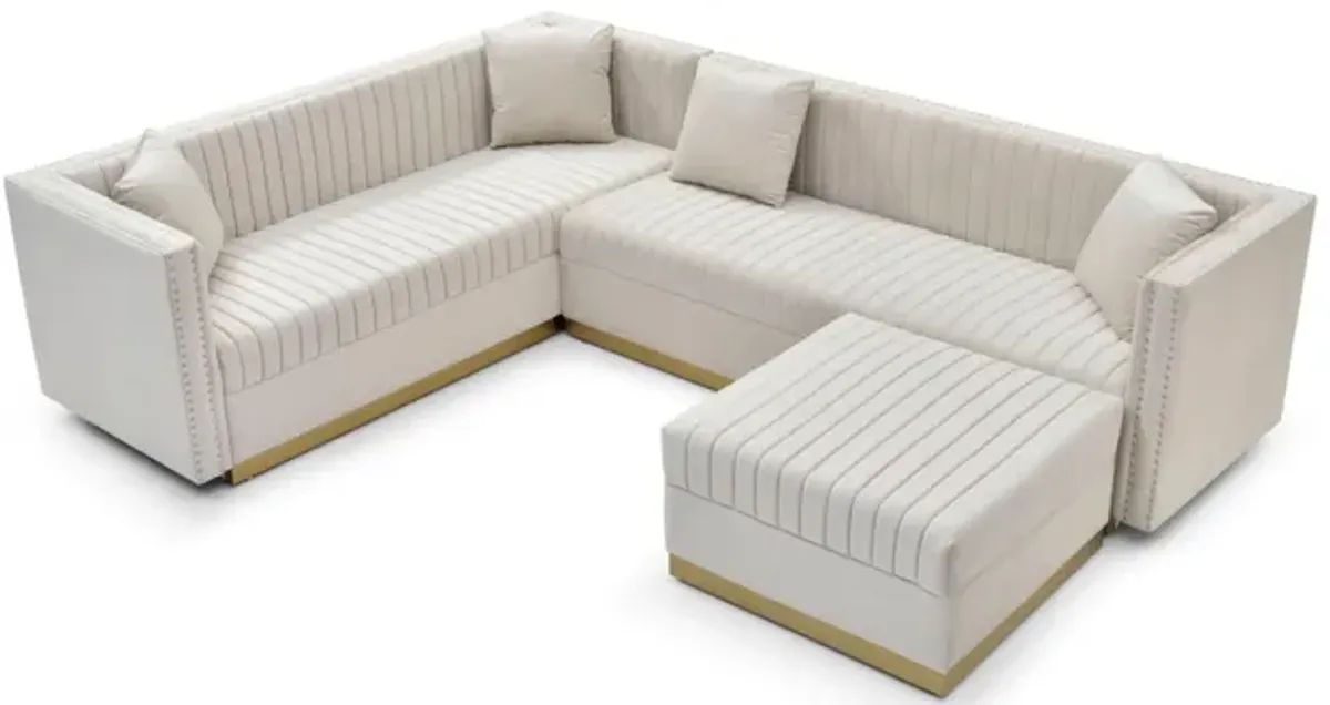 Contemporary Vertical Channel Tufted Velvet Sectional Sofa For Living Room Apartment With Ottoman And 4 Pillows