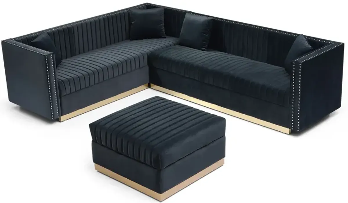 Contemporary Vertical Channel Tufted Velvet Sectional Sofa For Living Room Apartment With Ottoman And 4 Pillows