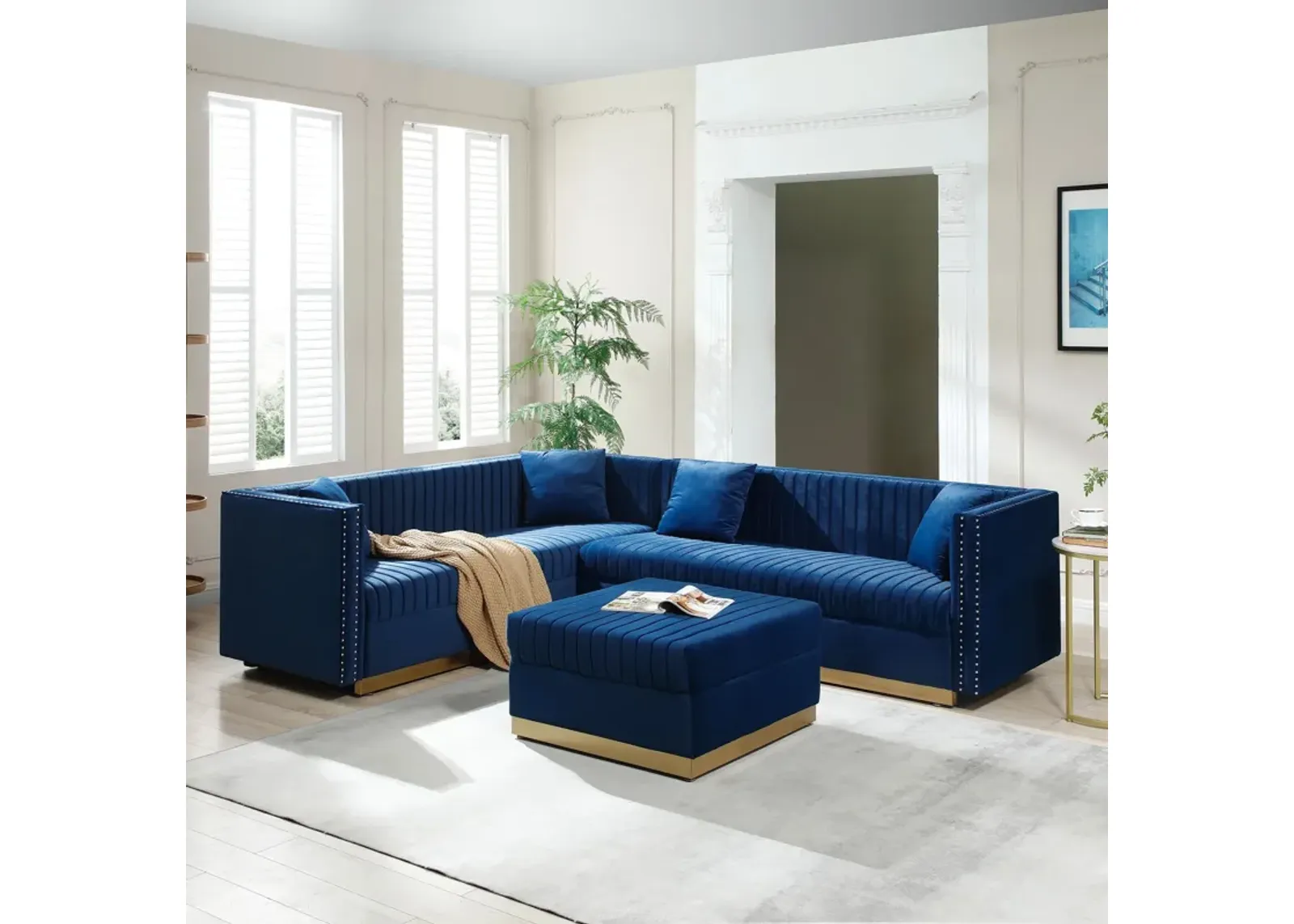 Contemporary Vertical Channel Tufted Velvet Sectional Sofa For Living Room Apartment With Ottoman And 4 Pillows