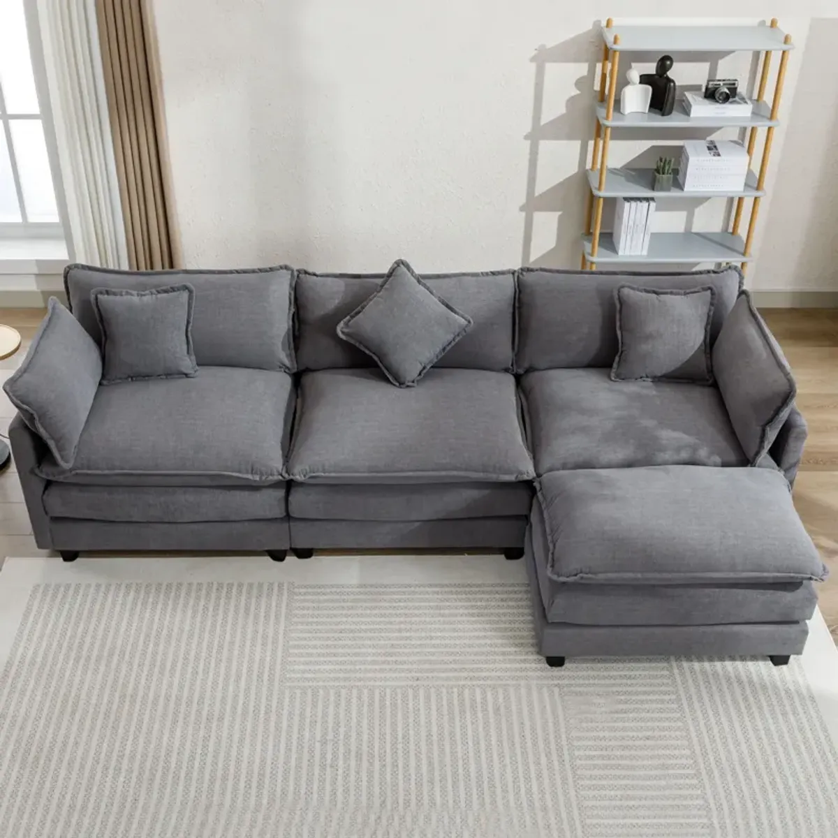 L-Shape Chenille Upholstered Sofa For Living Room Modern Luxury Sofa Couch With Ottoman And 5 Pillows For Living Room