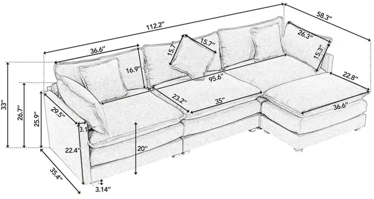 L-Shape Chenille Upholstered Sofa For Living Room Modern Luxury Sofa Couch With Ottoman And 5 Pillows For Living Room