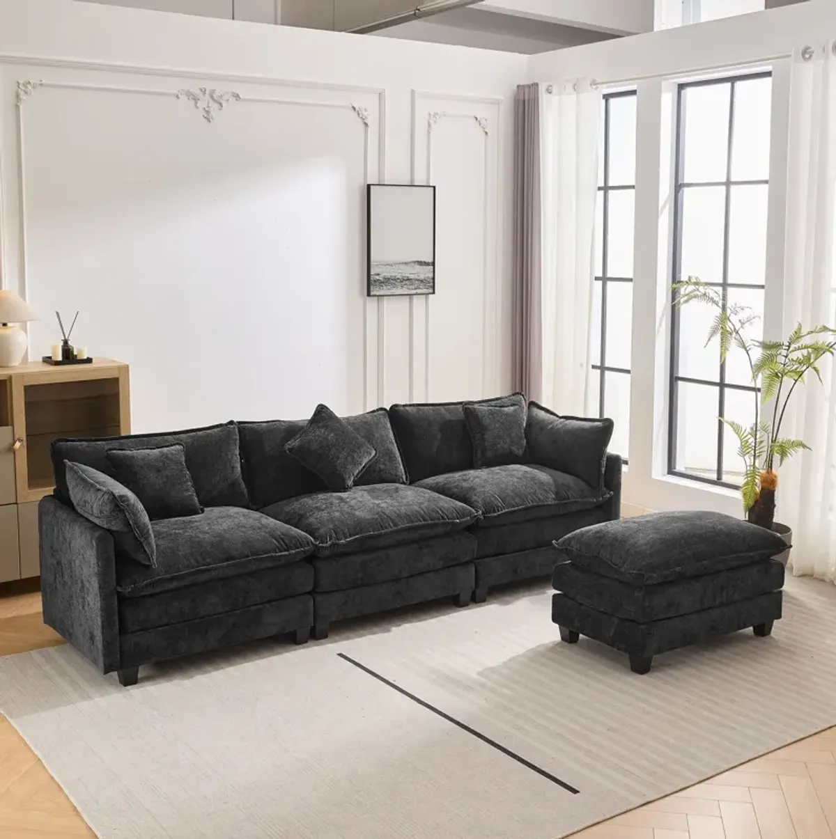 L-Shape Chenille Upholstered Sofa For Living Room Modern Luxury Sofa Couch With Ottoman And 5 Pillows For Living Room