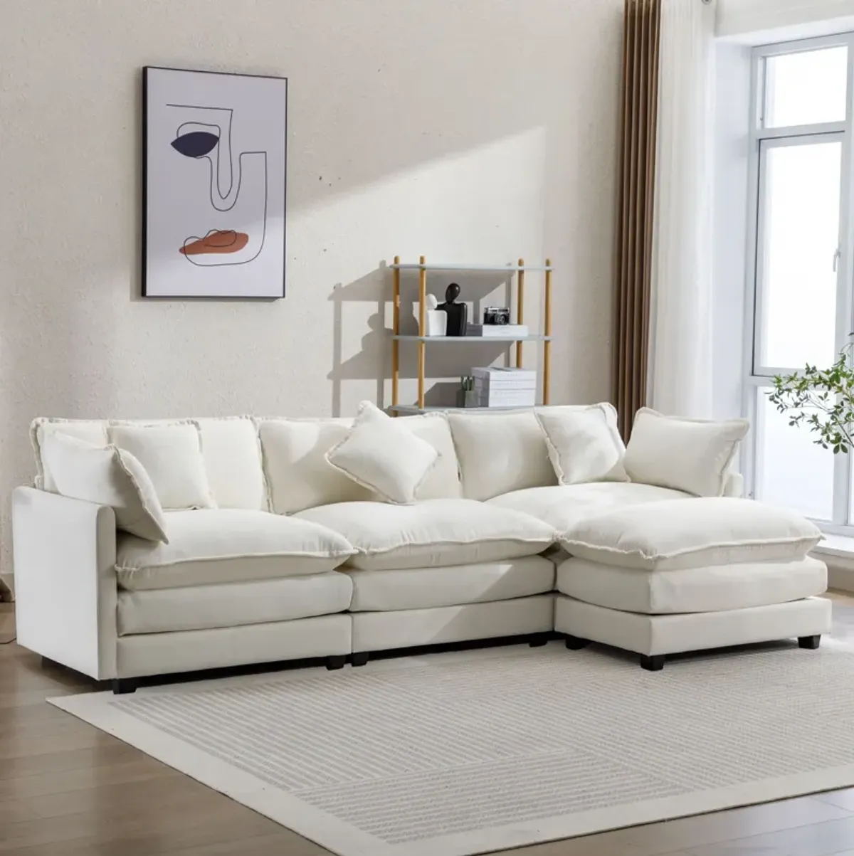 L-Shape Chenille Upholstered Sofa For Living Room Modern Luxury Sofa Couch With Ottoman And 5 Pillows For Living Room