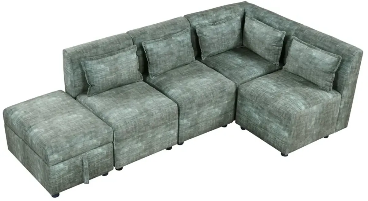 Free-Combined Sectional Sofa 5 Seater Modular Couches With Storage Ottoman, 5 Pillows For Living Room