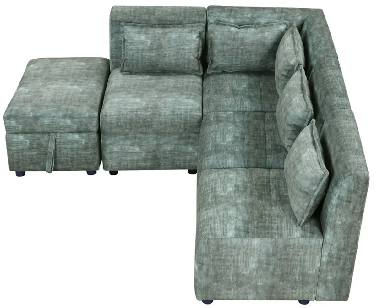 Free-Combined Sectional Sofa 5 Seater Modular Couches With Storage Ottoman, 5 Pillows For Living Room