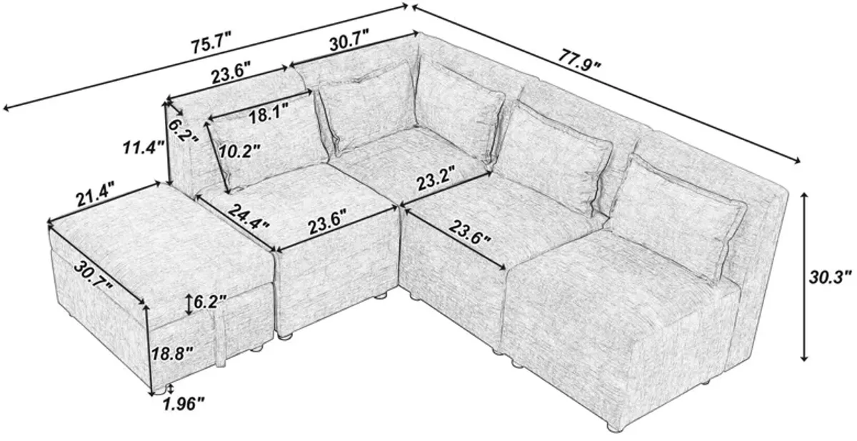 Free-Combined Sectional Sofa 5 Seater Modular Couches With Storage Ottoman, 5 Pillows For Living Room