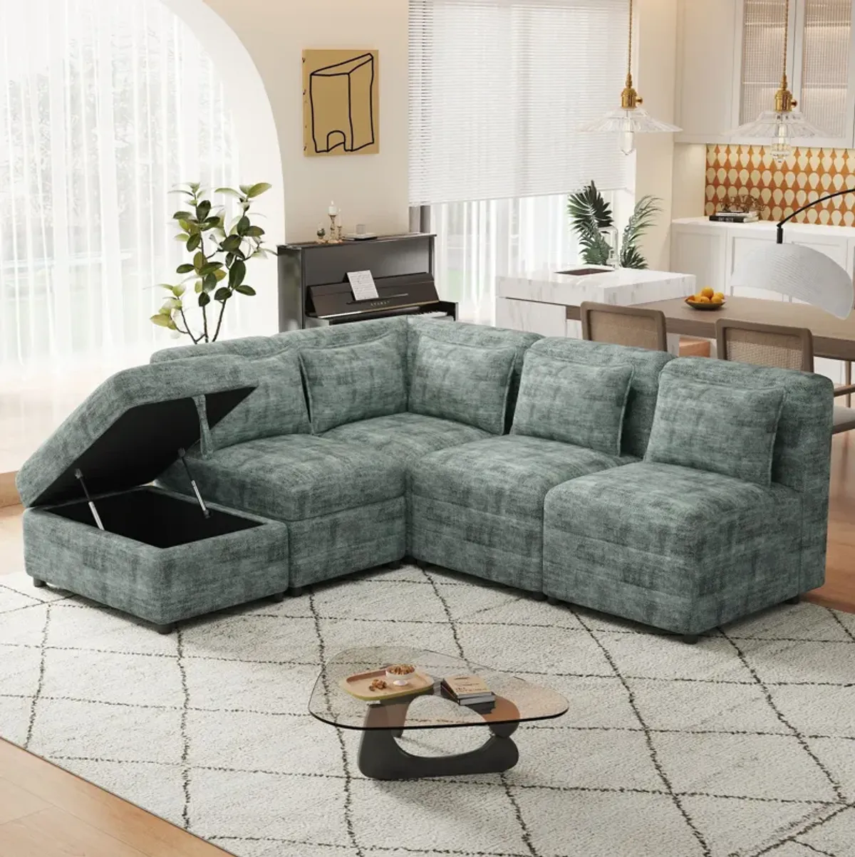 Free-Combined Sectional Sofa 5 Seater Modular Couches With Storage Ottoman, 5 Pillows For Living Room