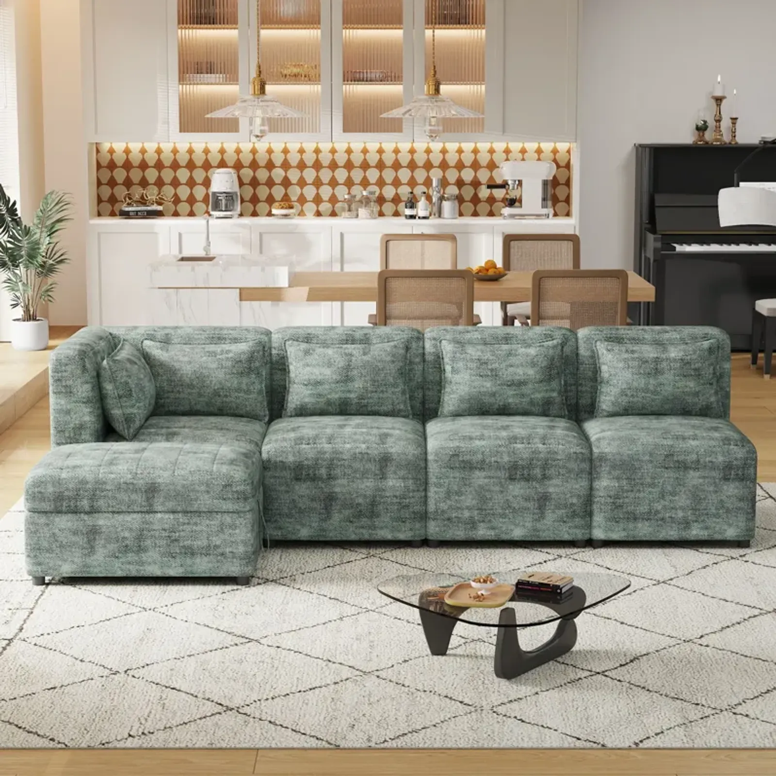 Free-Combined Sectional Sofa 5 Seater Modular Couches With Storage Ottoman, 5 Pillows For Living Room