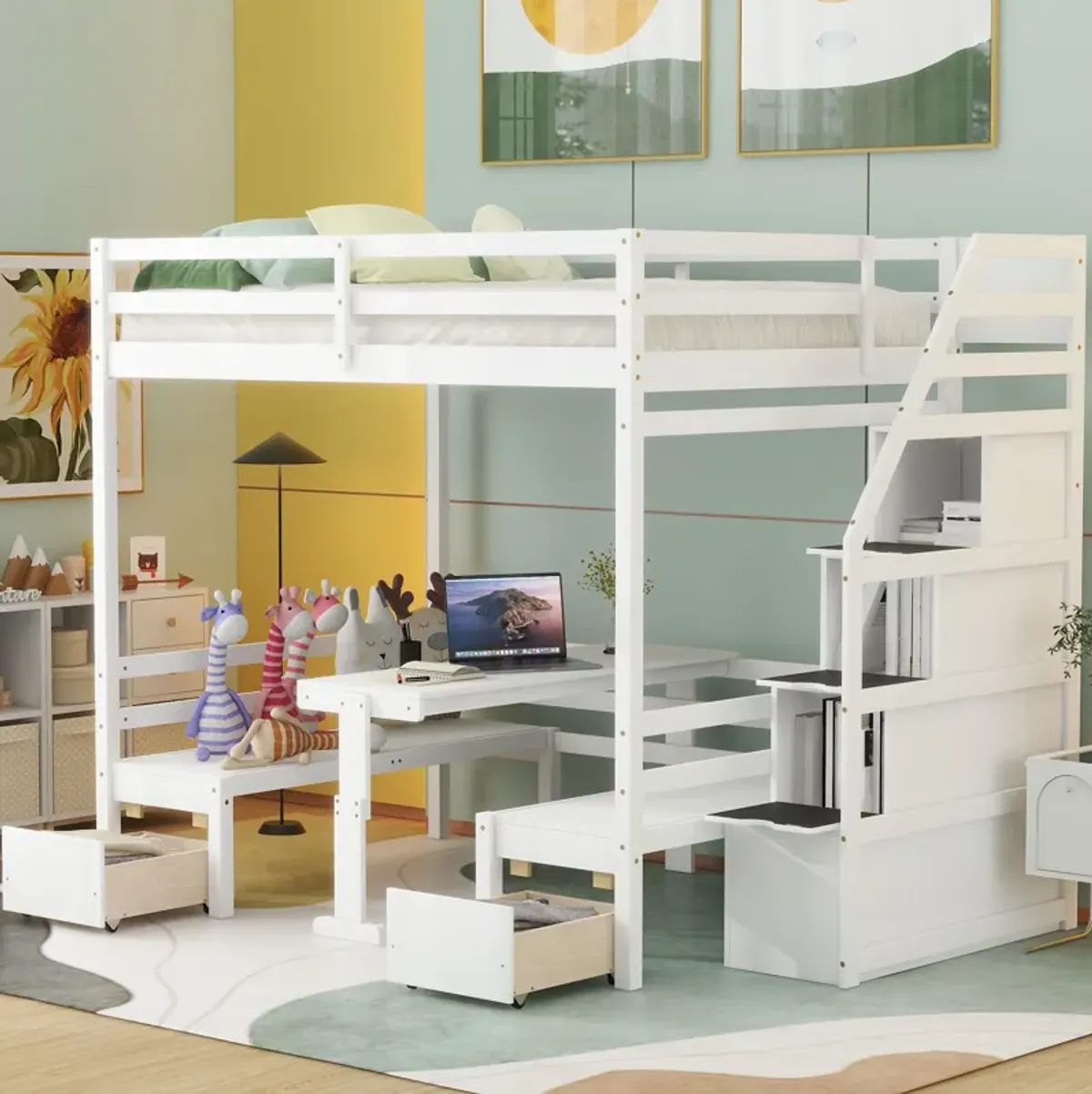 Bunk With Staircase, The Down Bed Can Be Convertible To Seats And Table Set