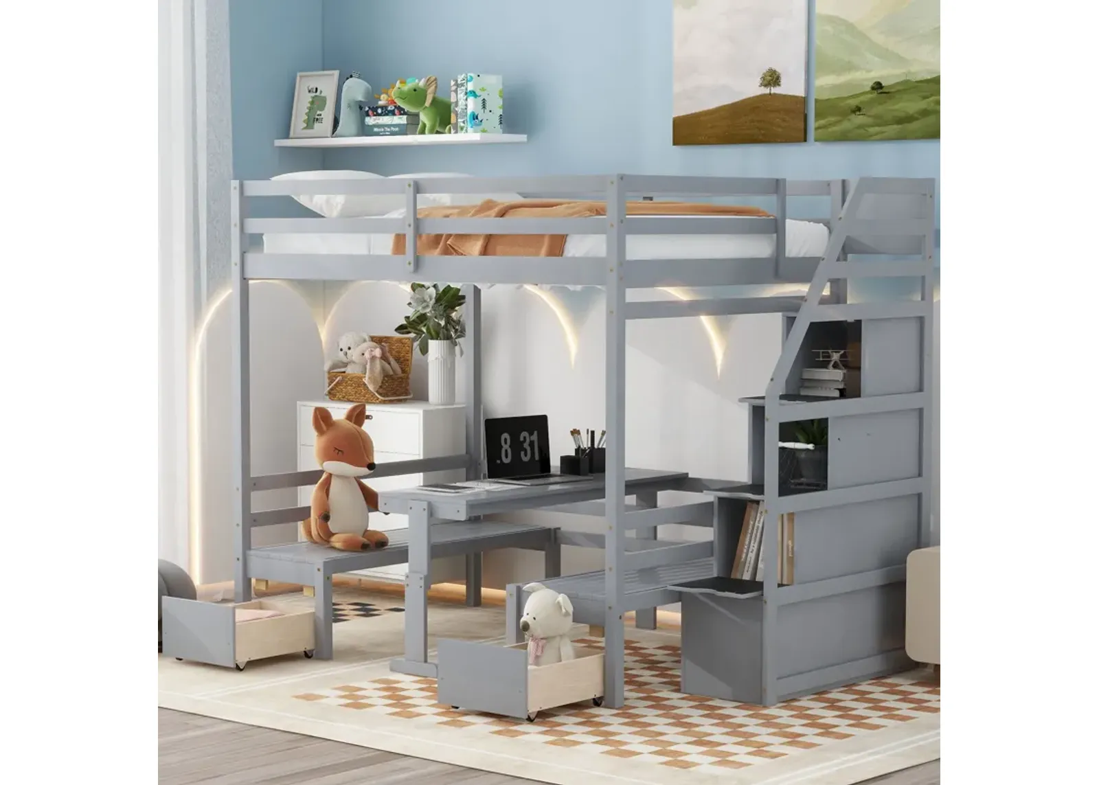 Bunk With Staircase, The Down Bed Can Be Convertible To Seats And Table Set