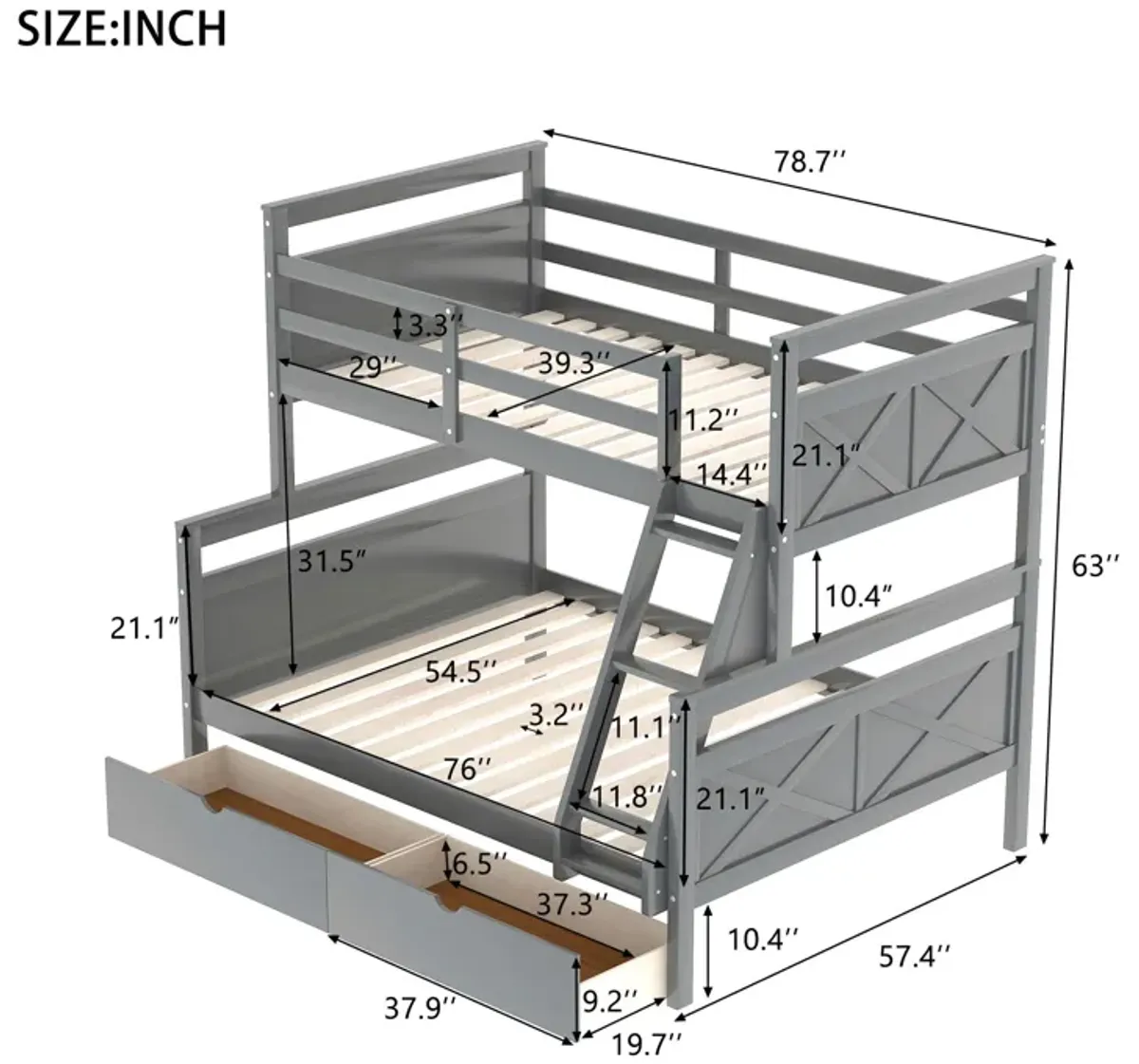 Twin Over Full Bunk Bed With Ladder, Two Storage Drawers, Safety Guardrail