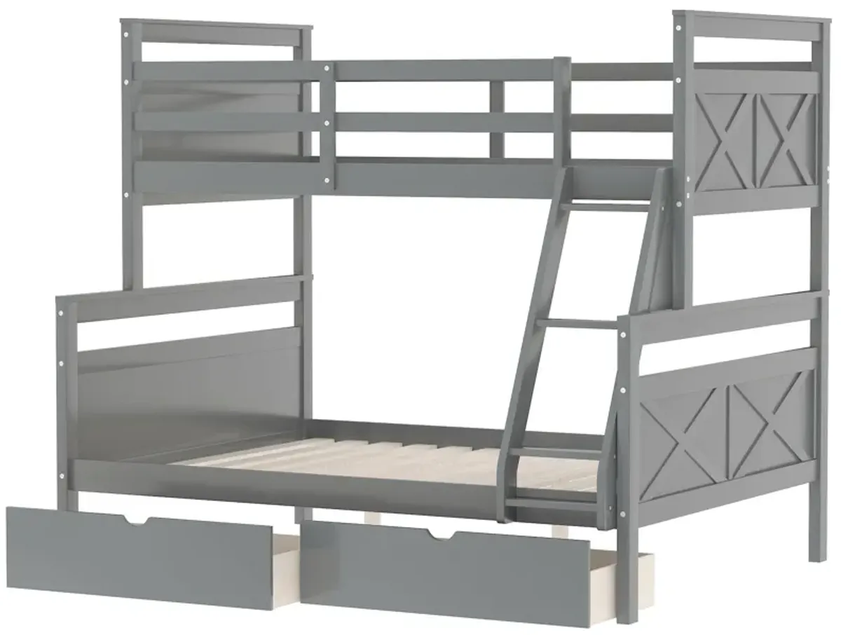 Twin Over Full Bunk Bed With Ladder, Two Storage Drawers, Safety Guardrail