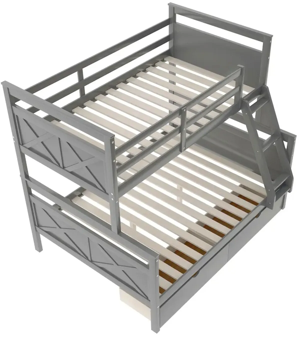 Twin Over Full Bunk Bed With Ladder, Two Storage Drawers, Safety Guardrail