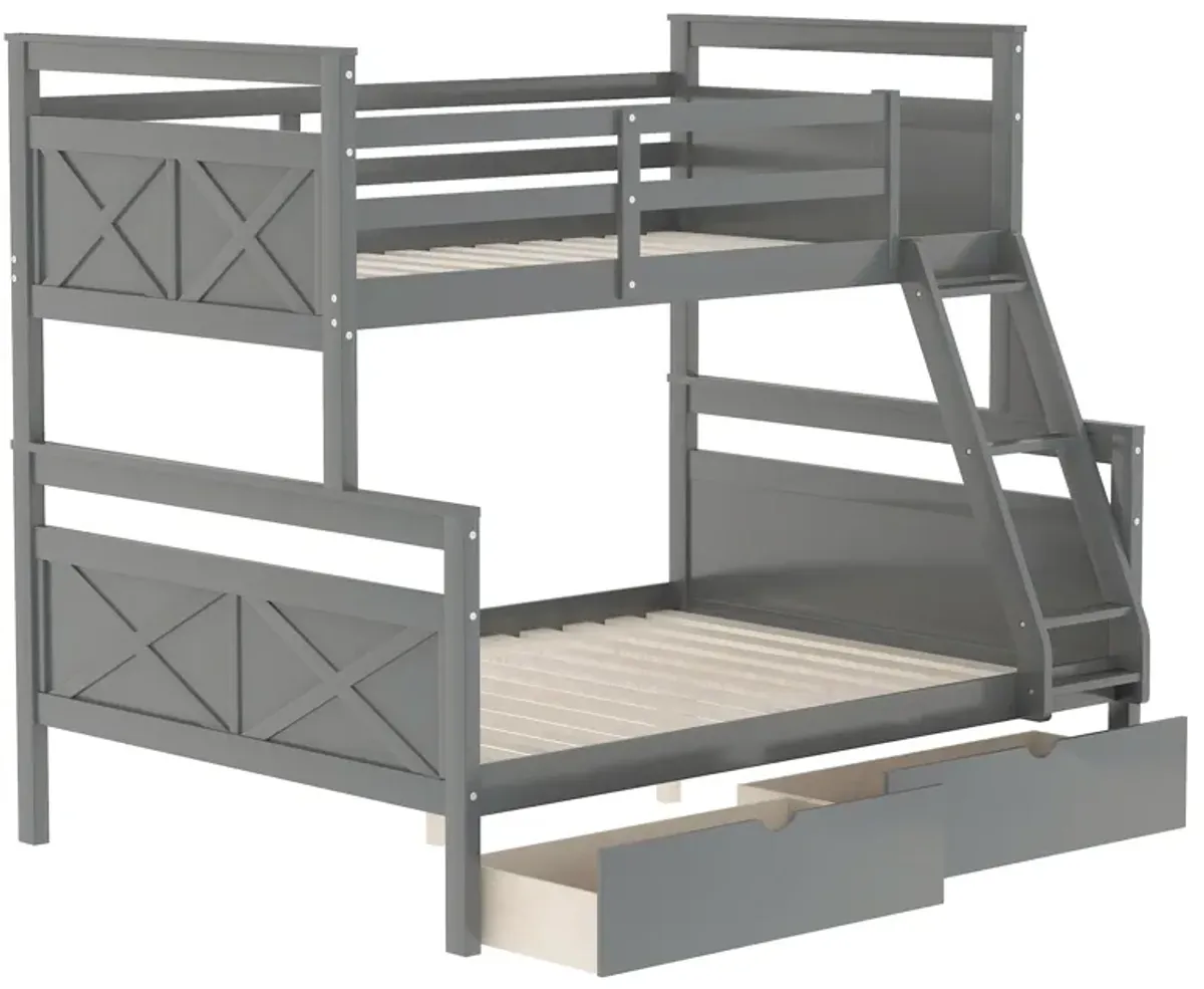 Twin Over Full Bunk Bed With Ladder, Two Storage Drawers, Safety Guardrail